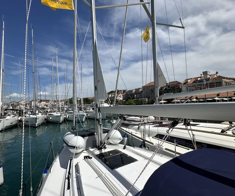 Exterior view of Ziggy, a Bavaria Cruiser 34 sailboat at Grad Trogir, Croatia
