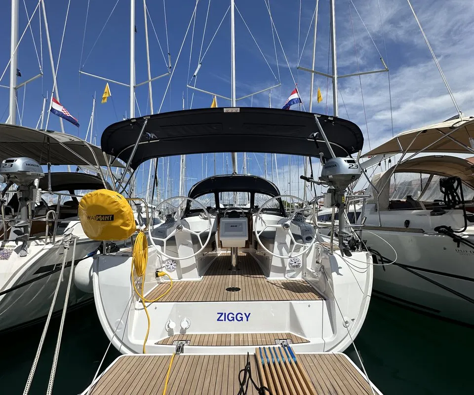 Deck of Ziggy, a Bavaria Cruiser 34 sailboat at Grad Trogir, Croatia