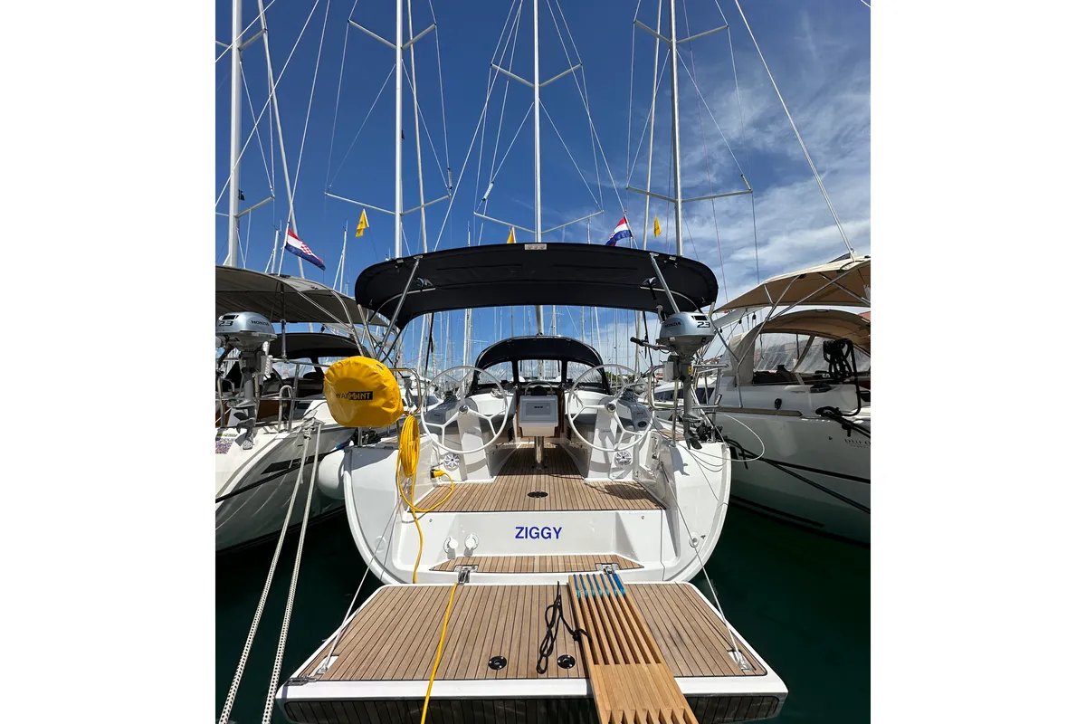 Exterior view of Ziggy, a Bavaria Cruiser 34 sailboat at Grad Trogir, Croatia
