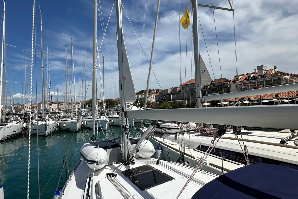 Deck of Ziggy, a Bavaria Cruiser 34 sailboat at Grad Trogir, Croatia