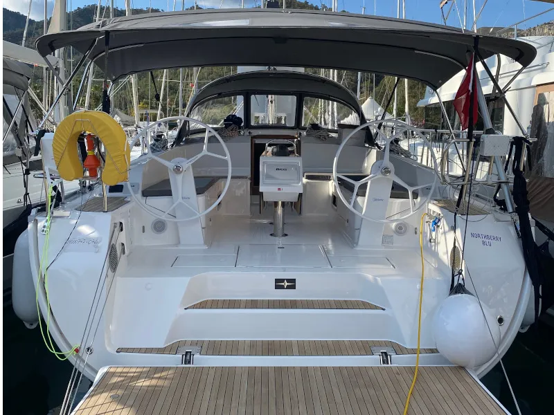 Cockpit of Northberry Blu, a Bavaria Cruiser 46 sailboat at Fethiye, Turkey