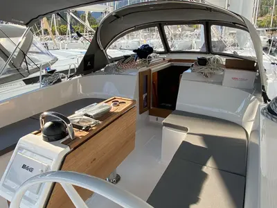 Deck of Northberry Blu, a Bavaria Cruiser 46 sailboat at Fethiye, Turkey