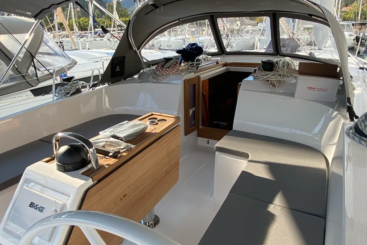 Deck of Northberry Blu, a Bavaria Cruiser 46 sailboat at Fethiye, Turkey