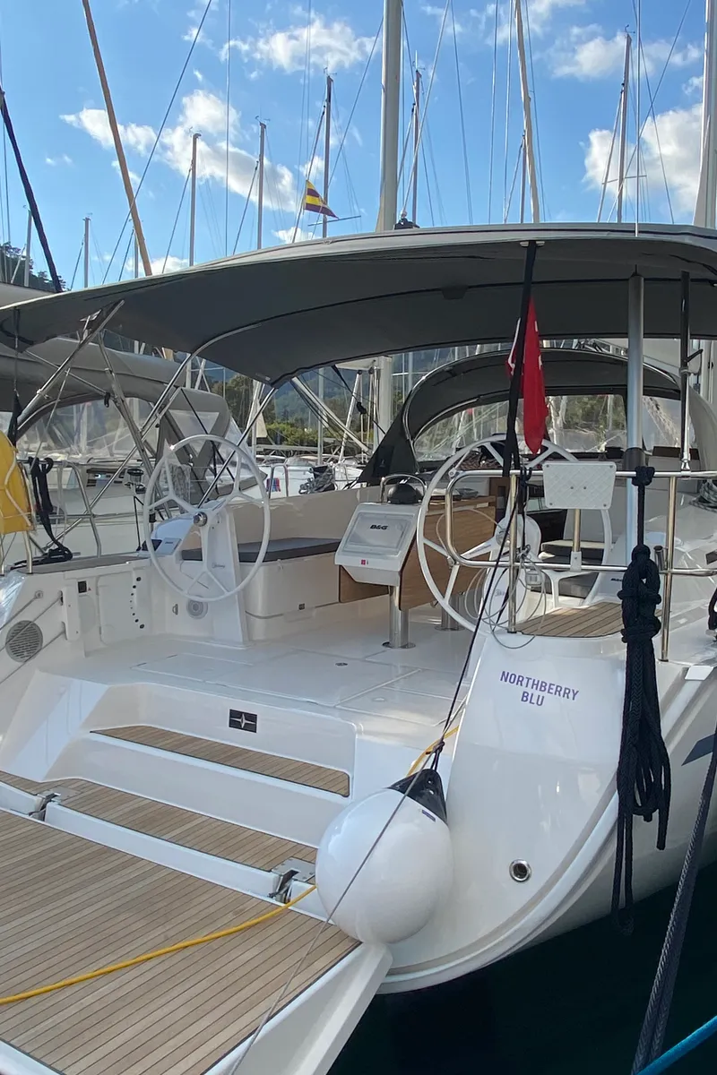 Exterior view of Northberry Blu, a Bavaria Cruiser 46 sailboat at Fethiye, Turkey