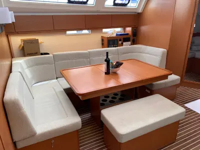 Salon of Northberry Blu, a Bavaria Cruiser 46 sailboat at Fethiye, Turkey