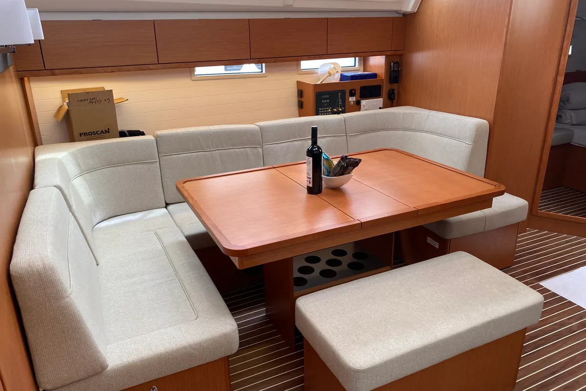 Salon of Northberry Blu, a Bavaria Cruiser 46 sailboat at Fethiye, Turkey