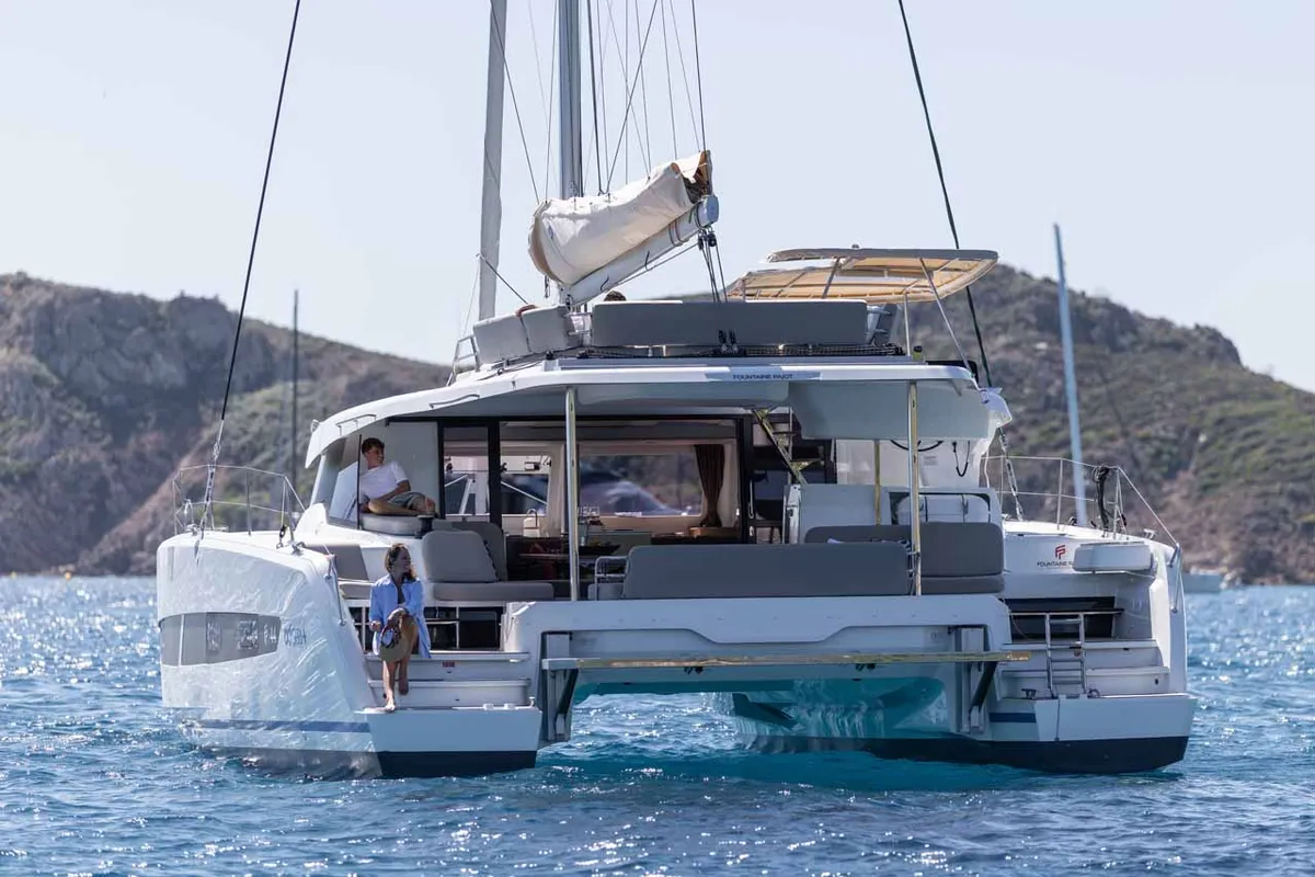 Exterior view of Makatea, a Fountaine Pajot FP 44 Quatuor catamaran at Grad Trogir, Croatia