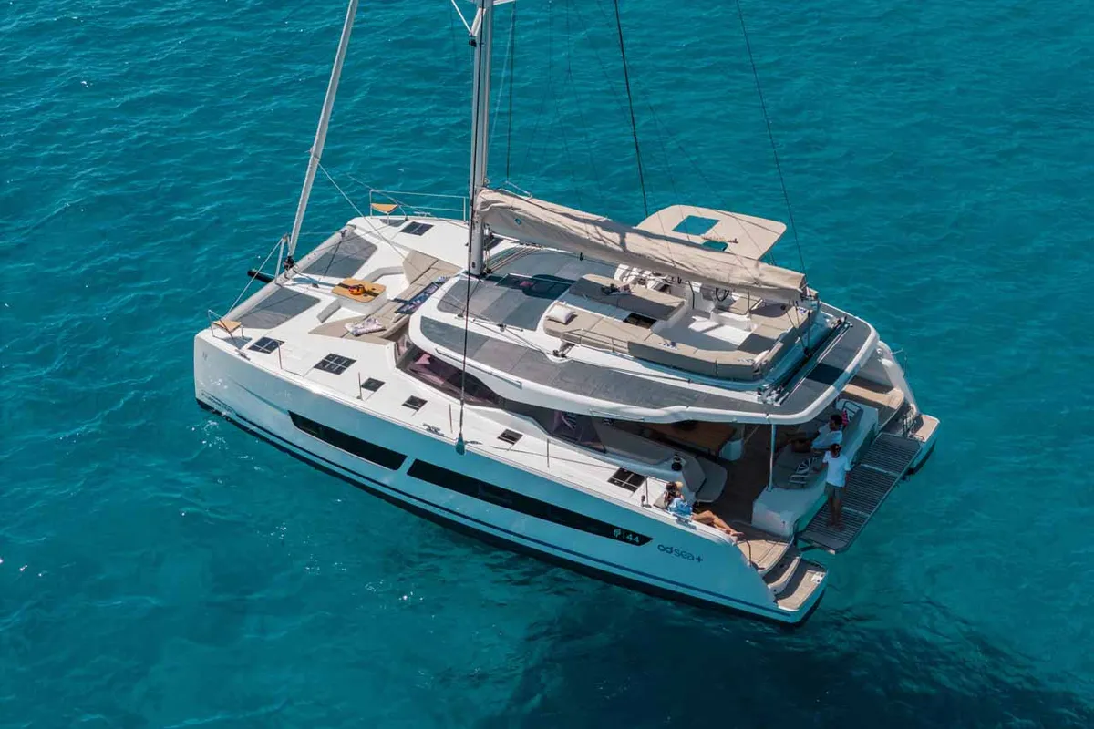 Exterior view of Makatea, a Fountaine Pajot FP 44 Quatuor catamaran at Grad Trogir, Croatia