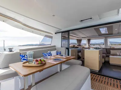 Deck of Makatea, a Fountaine Pajot FP 44 Quatuor catamaran at Grad Trogir, Croatia