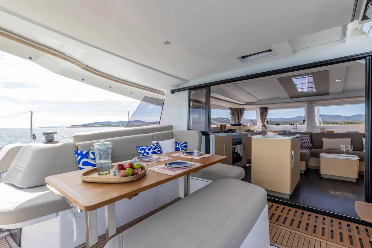 Deck of Makatea, a Fountaine Pajot FP 44 Quatuor catamaran at Grad Trogir, Croatia