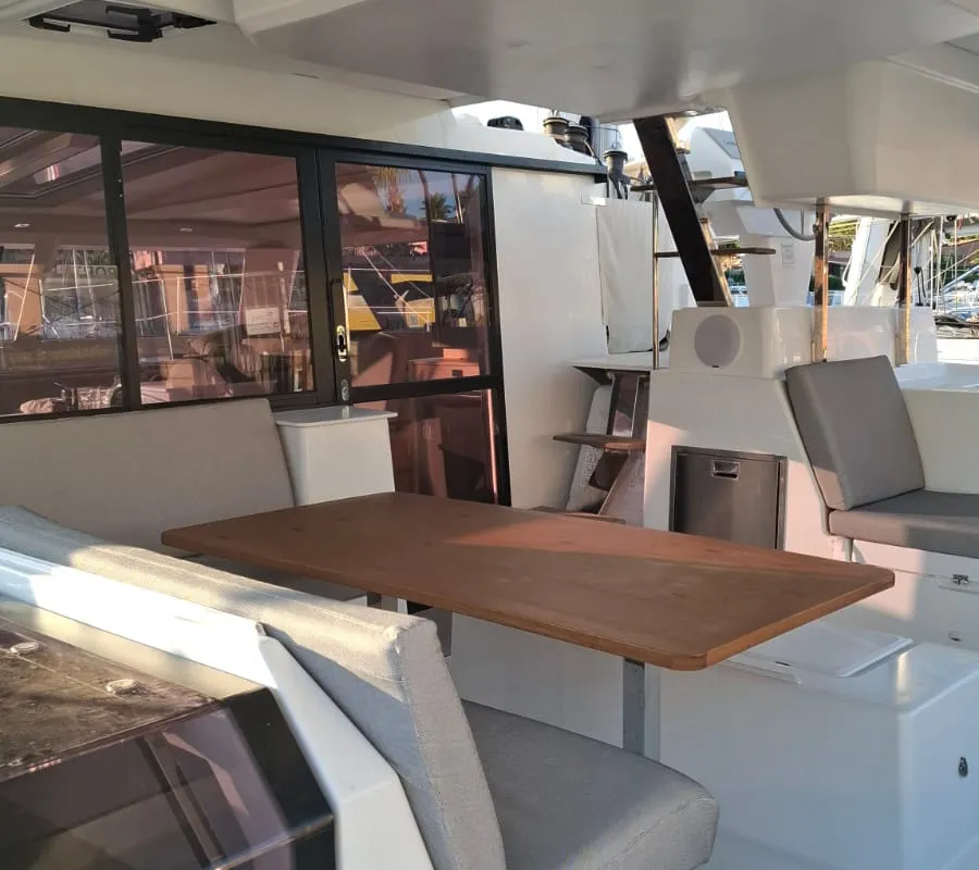 Deck of Amia, a Fountaine Pajot Tanna 47 catamaran at Tonnarella, Italy