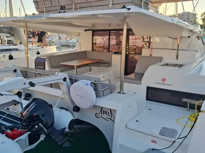 Deck of Amia, a Fountaine Pajot Tanna 47 catamaran at Tonnarella, Italy