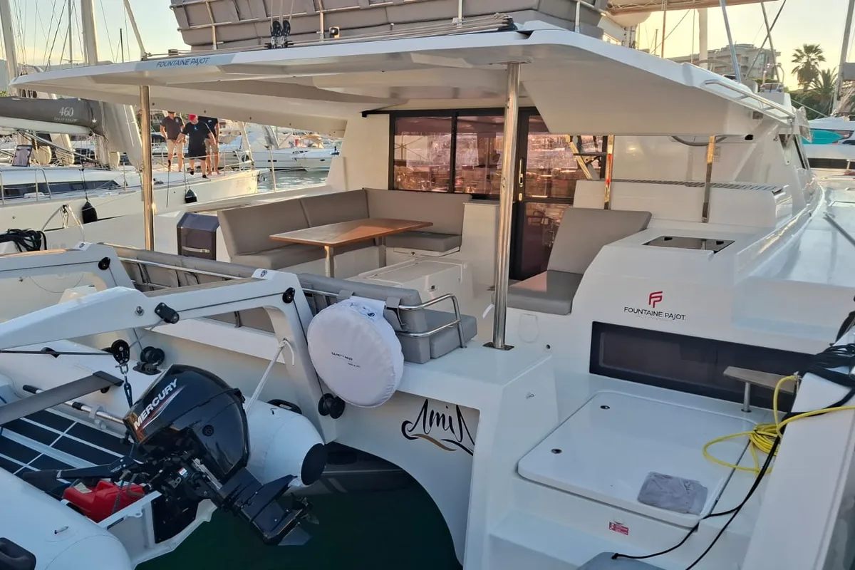 Deck of Amia, a Fountaine Pajot Tanna 47 catamaran at Tonnarella, Italy