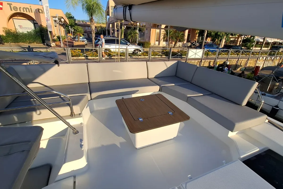 Deck of Amia, a Fountaine Pajot Tanna 47 catamaran at Tonnarella, Italy