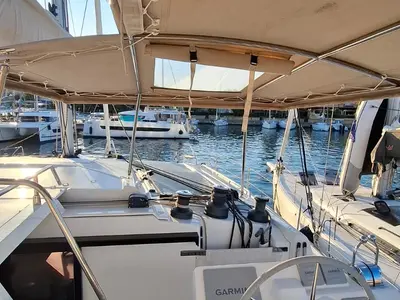 Cockpit of Amia, a Fountaine Pajot Tanna 47 catamaran at Tonnarella, Italy