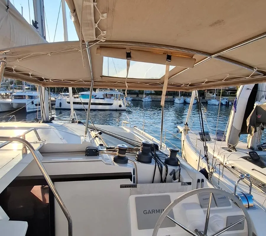 Cockpit of Amia, a Fountaine Pajot Tanna 47 catamaran at Tonnarella, Italy