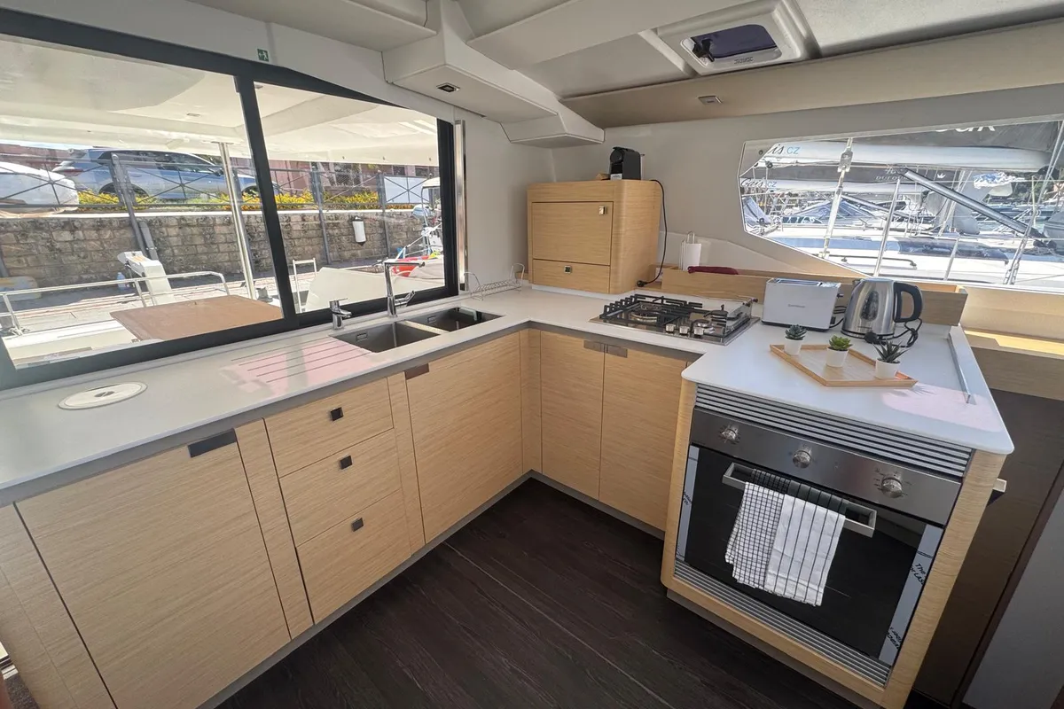 Galley of Amia, a Fountaine Pajot Tanna 47 catamaran at Tonnarella, Italy