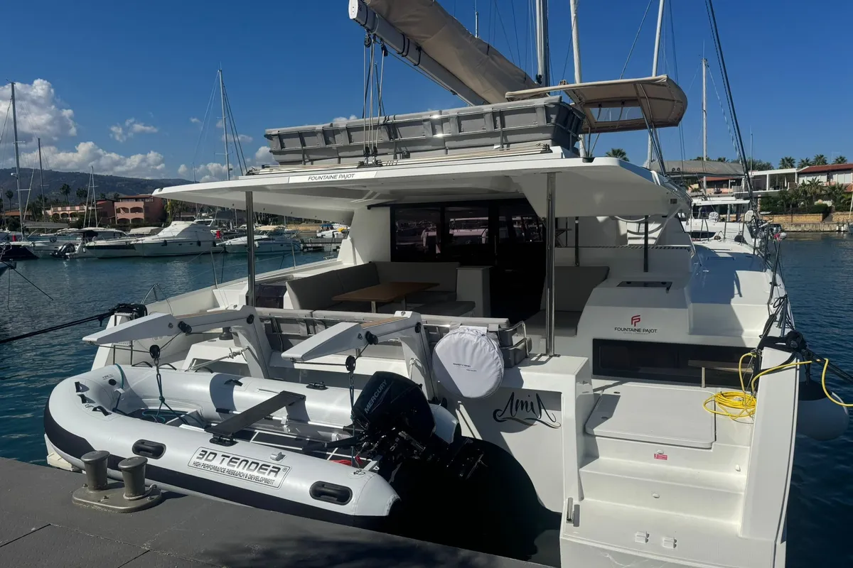 Exterior view of Amia, a Fountaine Pajot Tanna 47 catamaran at Tonnarella, Italy