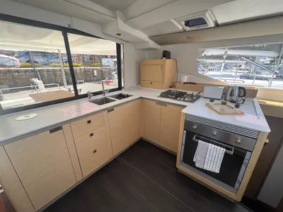 Galley of Amia, a Fountaine Pajot Tanna 47 catamaran at Tonnarella, Italy