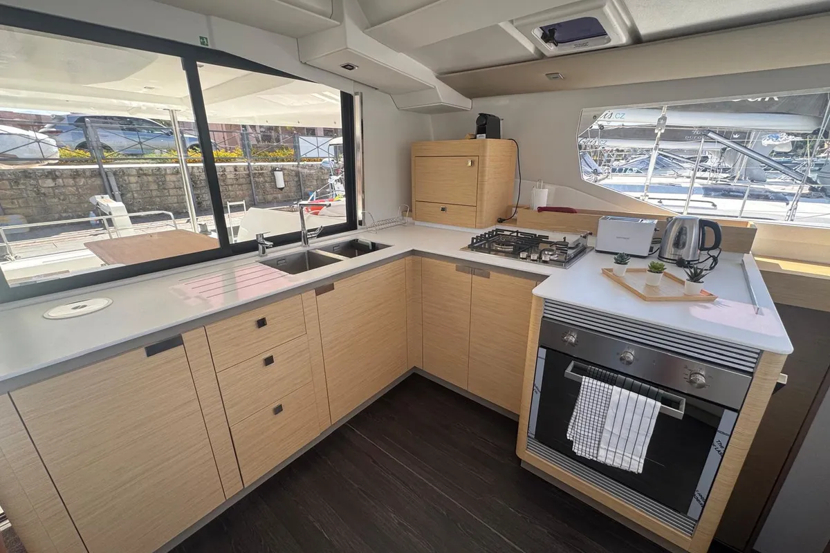 Galley of Amia, a Fountaine Pajot Tanna 47 catamaran at Tonnarella, Italy