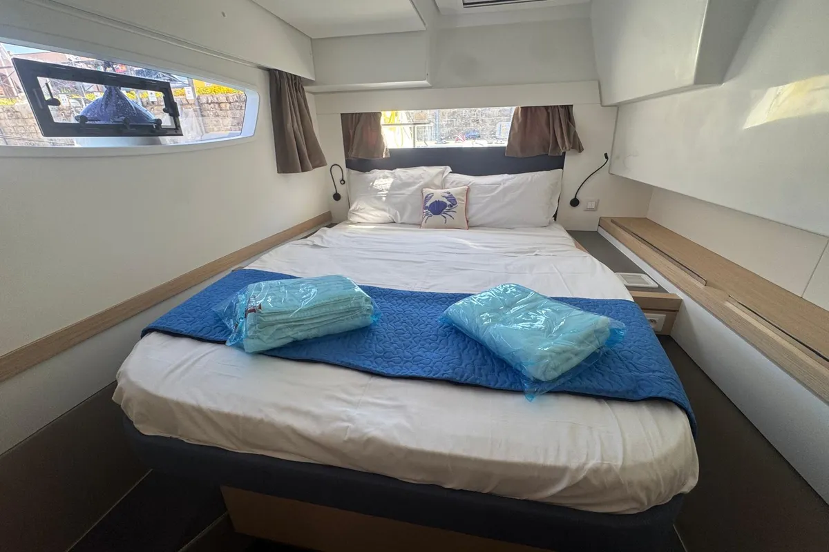 Cabin on Amia, a Fountaine Pajot Tanna 47 catamaran at Tonnarella, Italy