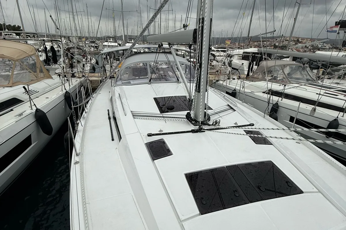 Deck of Amari, a Hanse 460 sailboat at Rogoznica, Croatia