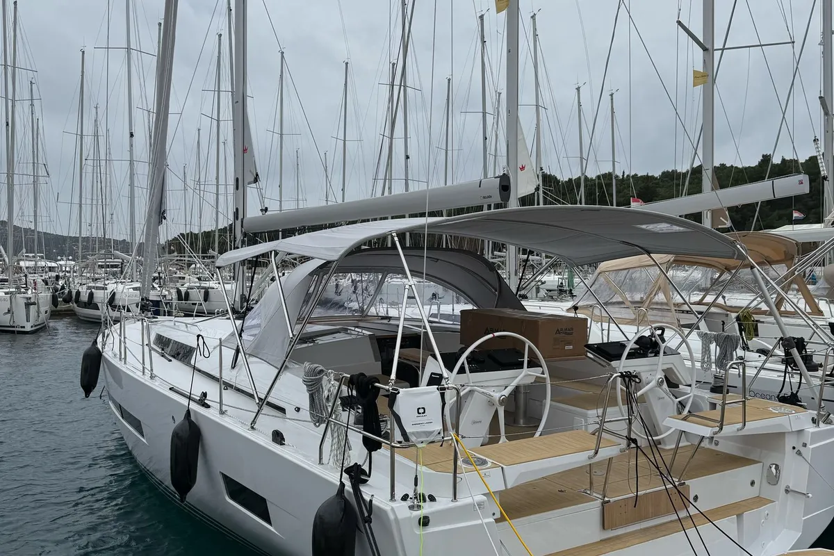Deck of Amari, a Hanse 460 sailboat at Rogoznica, Croatia
