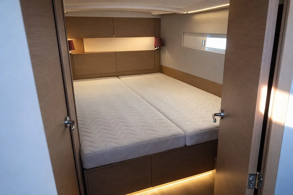 Cabin on Non È Mia, a Jeanneau Sun Odyssey 410 sailboat at Nettuno, Italy