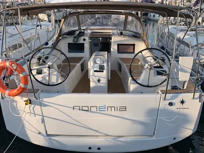 Cockpit of Non È Mia, a Jeanneau Sun Odyssey 410 sailboat at Nettuno, Italy