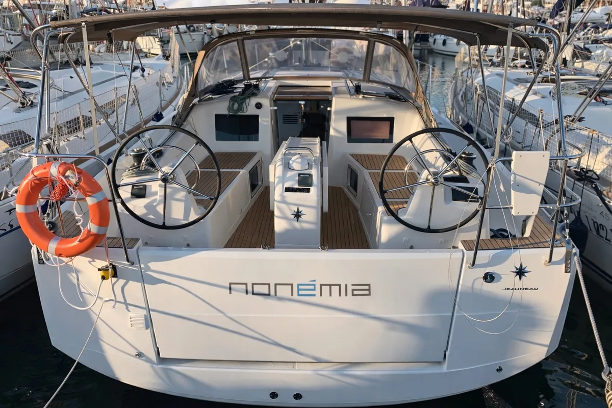 Cockpit of Non È Mia, a Jeanneau Sun Odyssey 410 sailboat at Nettuno, Italy