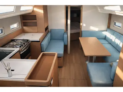 Galley of Non È Mia, a Jeanneau Sun Odyssey 410 sailboat at Nettuno, Italy