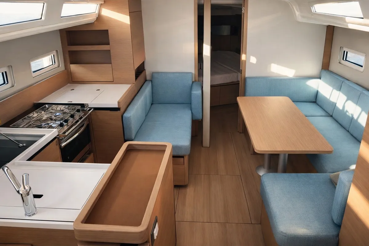 Galley of Non È Mia, a Jeanneau Sun Odyssey 410 sailboat at Nettuno, Italy