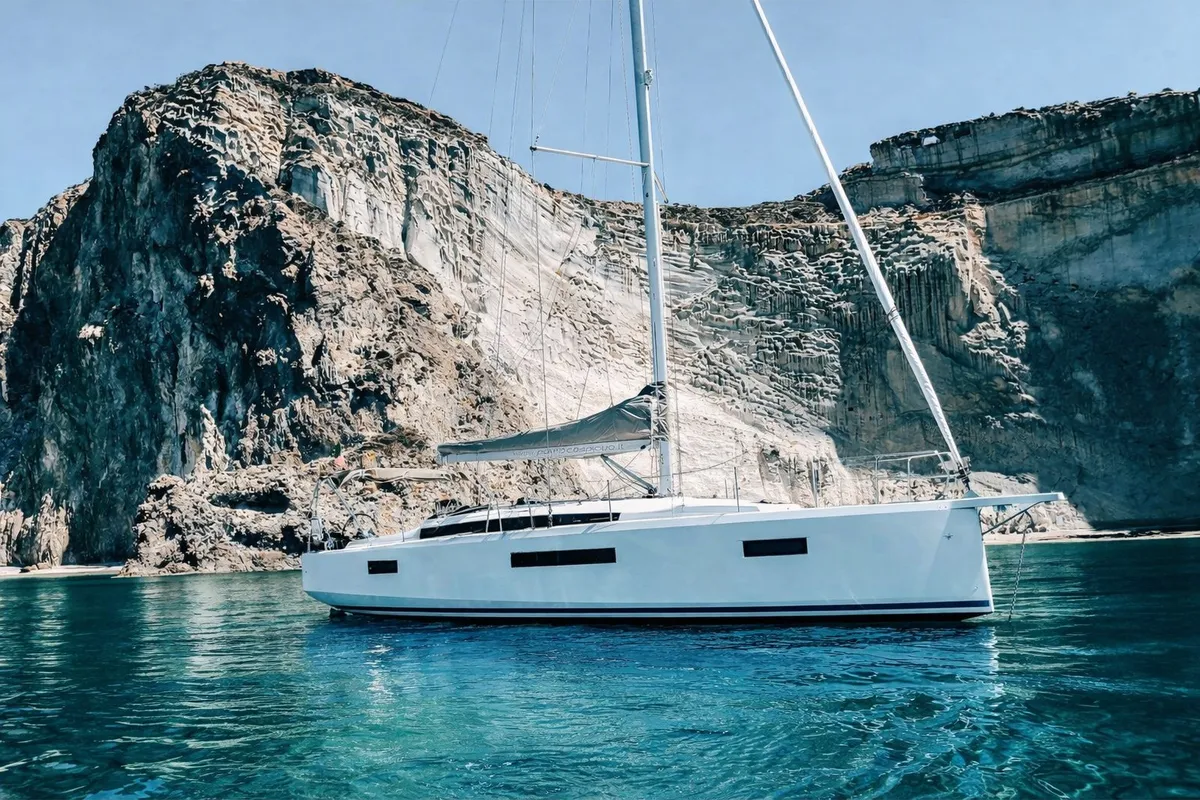 Exterior view of Non È Mia, a Jeanneau Sun Odyssey 410 sailboat at Nettuno, Italy