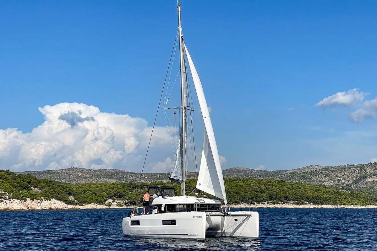 Exterior view of Beluga, a Lagoon 40 catamaran at Primošten, Croatia