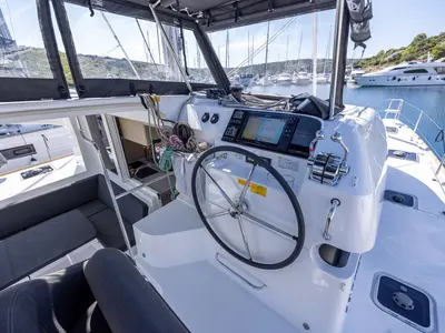 Cockpit of Beluga, a Lagoon 40 catamaran at Primošten, Croatia