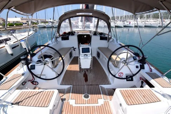 Cockpit of Blue Moon, a Jeanneau Sun Odyssey 449 sailboat at Grad Pula, Croatia