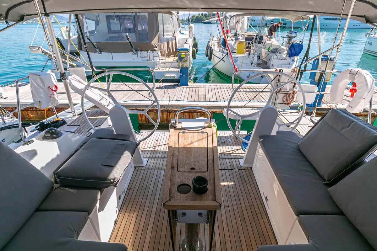 Cockpit of Ironic, a Bavaria C42 sailboat at Municipal Unit of Lefkada, Greece