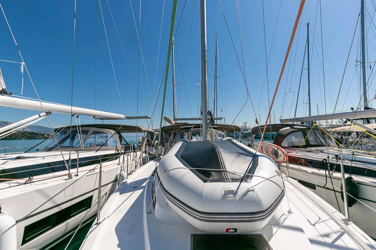 Deck of Ironic, a Bavaria C42 sailboat at Municipal Unit of Lefkada, Greece