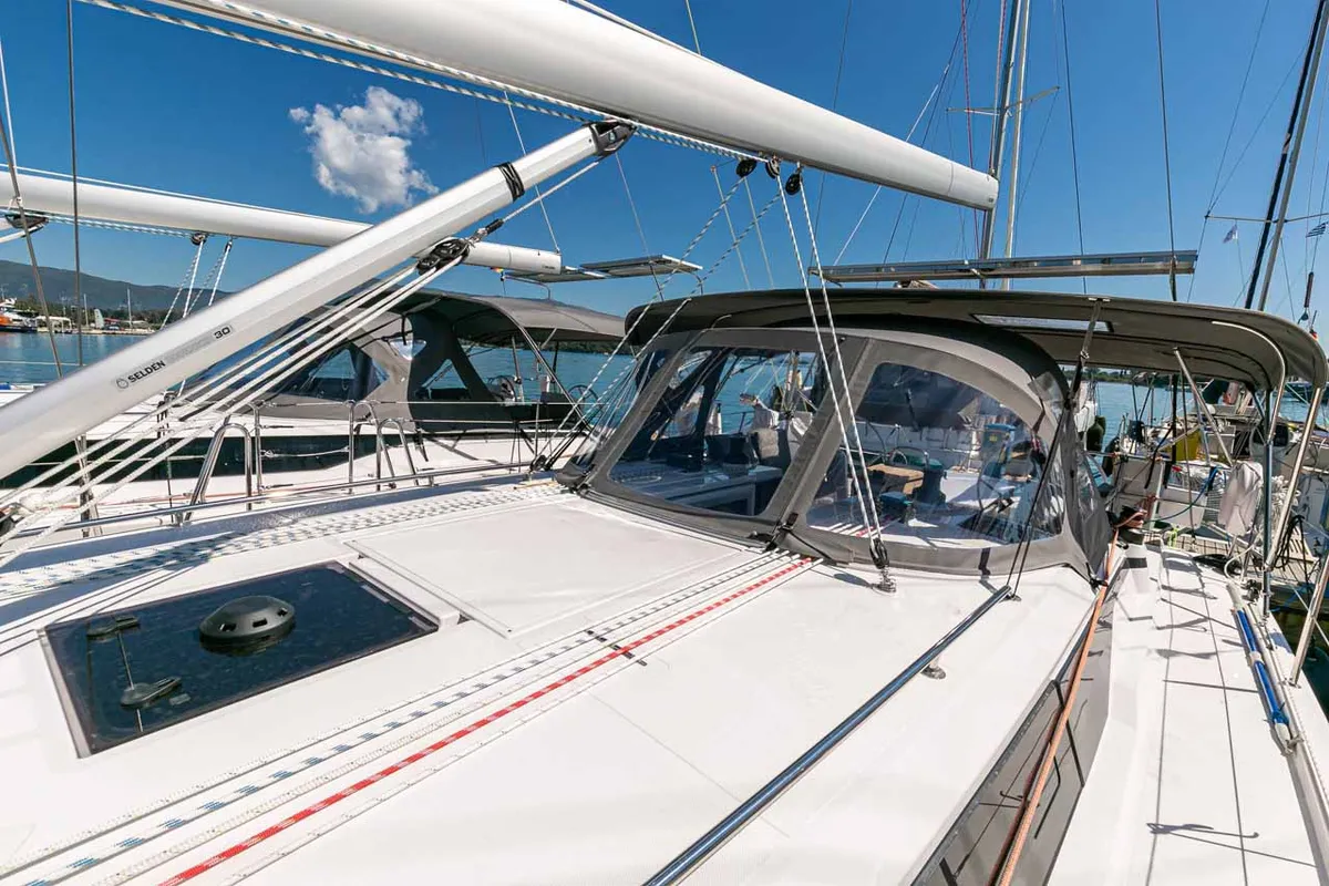 Deck of Ironic, a Bavaria C42 sailboat at Municipal Unit of Lefkada, Greece