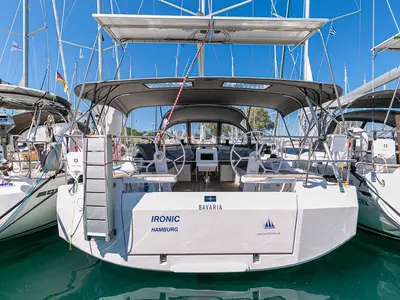 Cockpit of Ironic, a Bavaria C42 sailboat at Municipal Unit of Lefkada, Greece