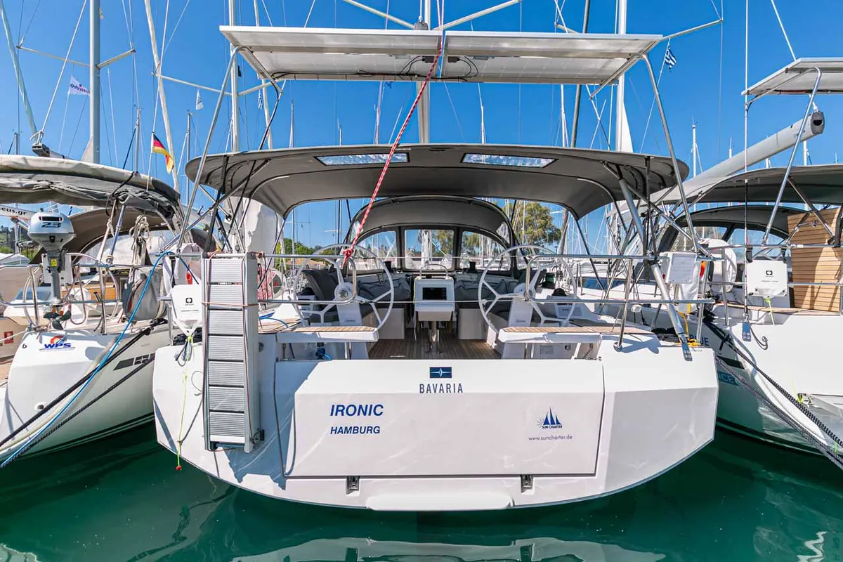 Cockpit of Ironic, a Bavaria C42 sailboat at Municipal Unit of Lefkada, Greece