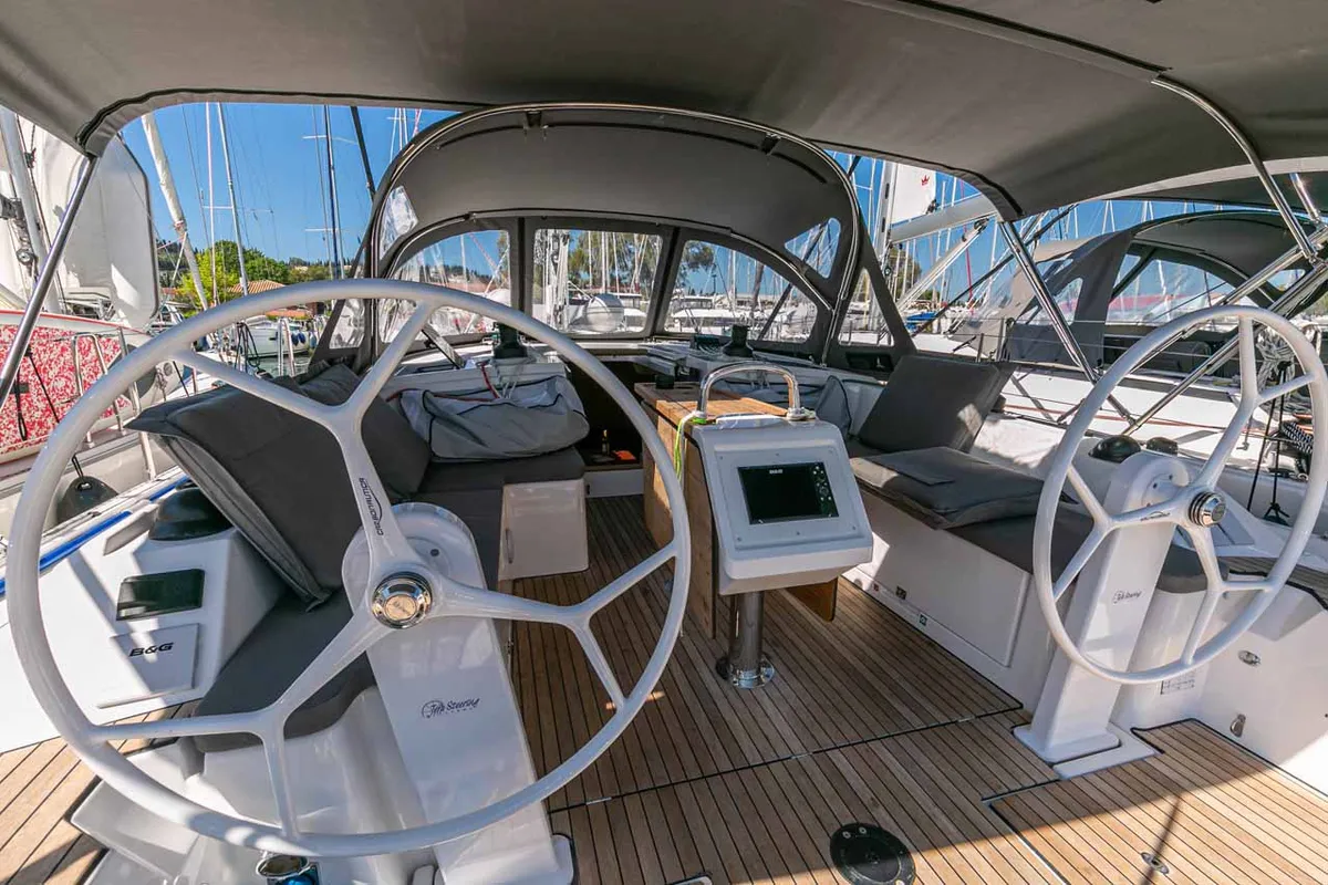 Cockpit of Ironic, a Bavaria C42 sailboat at Municipal Unit of Lefkada, Greece