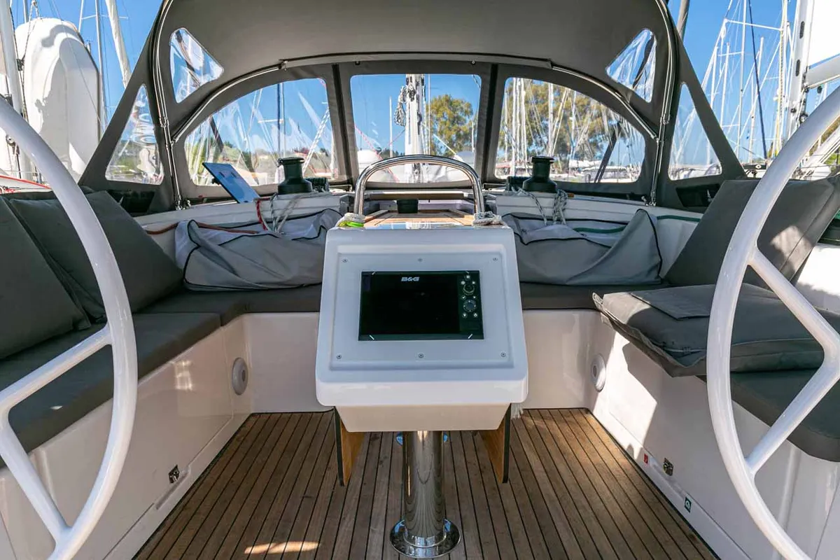 Cockpit of Ironic, a Bavaria C42 sailboat at Municipal Unit of Lefkada, Greece