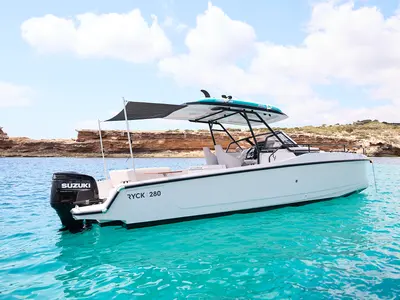 Exterior view of Gulet Ryck 280, a motorboat at Ibiza, Spain