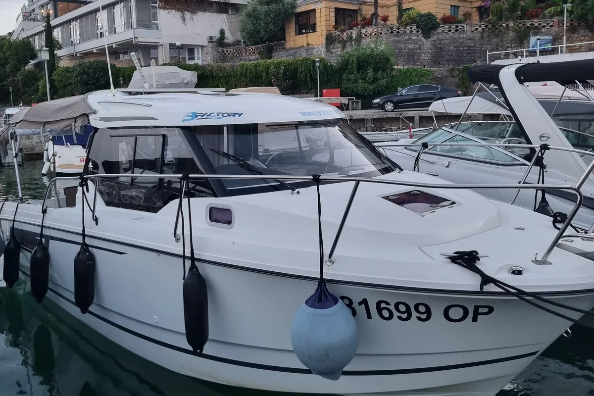 Exterior view of Classic, a Jeanneau Merry Fisher 795 motorboat at Grad Opatija, Croatia
