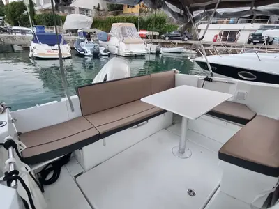 Deck of Classic, a Jeanneau Merry Fisher 795 motorboat at Grad Opatija, Croatia