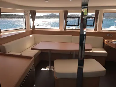 Salon of Coronide, a Lagoon 42 catamaran at Olbia, Italy