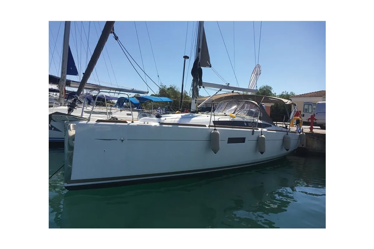 Exterior view of Bliss, a Jeanneau Sun Odyssey 349 sailboat at Kontokali, Greece