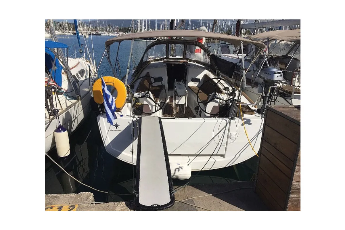Exterior view of Bliss, a Jeanneau Sun Odyssey 349 sailboat at Kontokali, Greece
