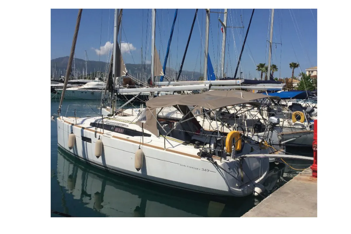Exterior view of Bliss, a Jeanneau Sun Odyssey 349 sailboat at Kontokali, Greece